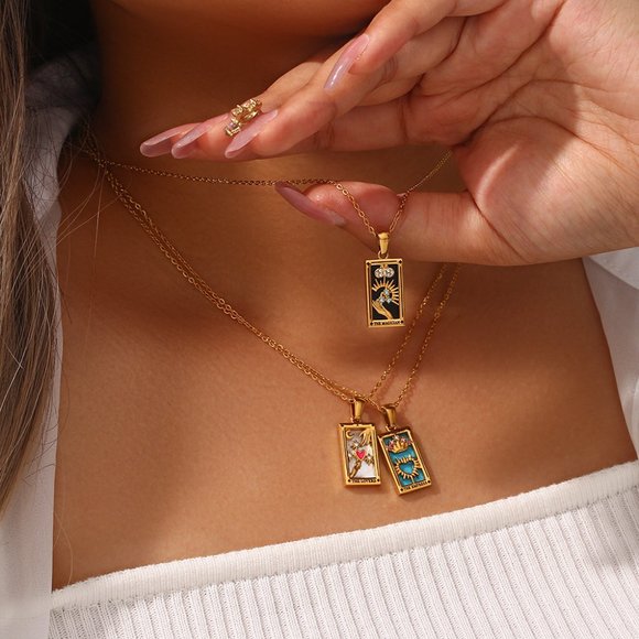 Magician Tarot Card Pendant Necklace 18K Gold Enamel Rectangle Stainless… - Picture 3 of 11
